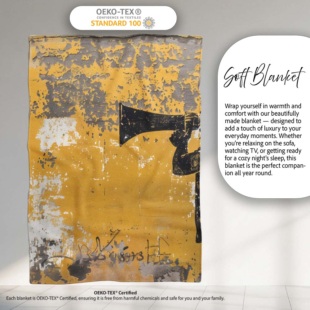 Boy Shouting Through Megaphone Mustard Graffiti, Bedroom Living Room Accent, All Season Comfort - Super Soft Fleece Blanket Bed Sofa Throw