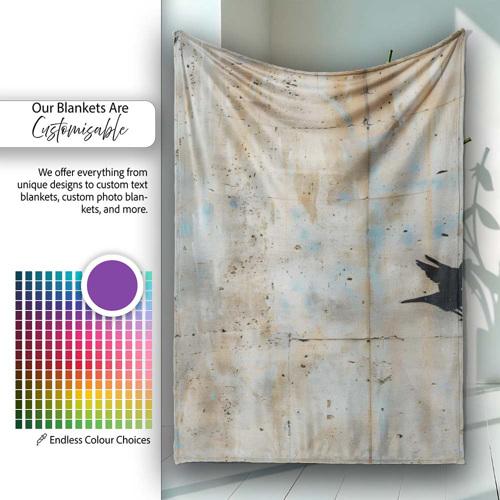 Boy Watching Bird with Red Flower Urban Art, Bedroom Living Room Accent, Unique Artistic Design - Super Soft Fleece Blanket Bed Sofa Throw