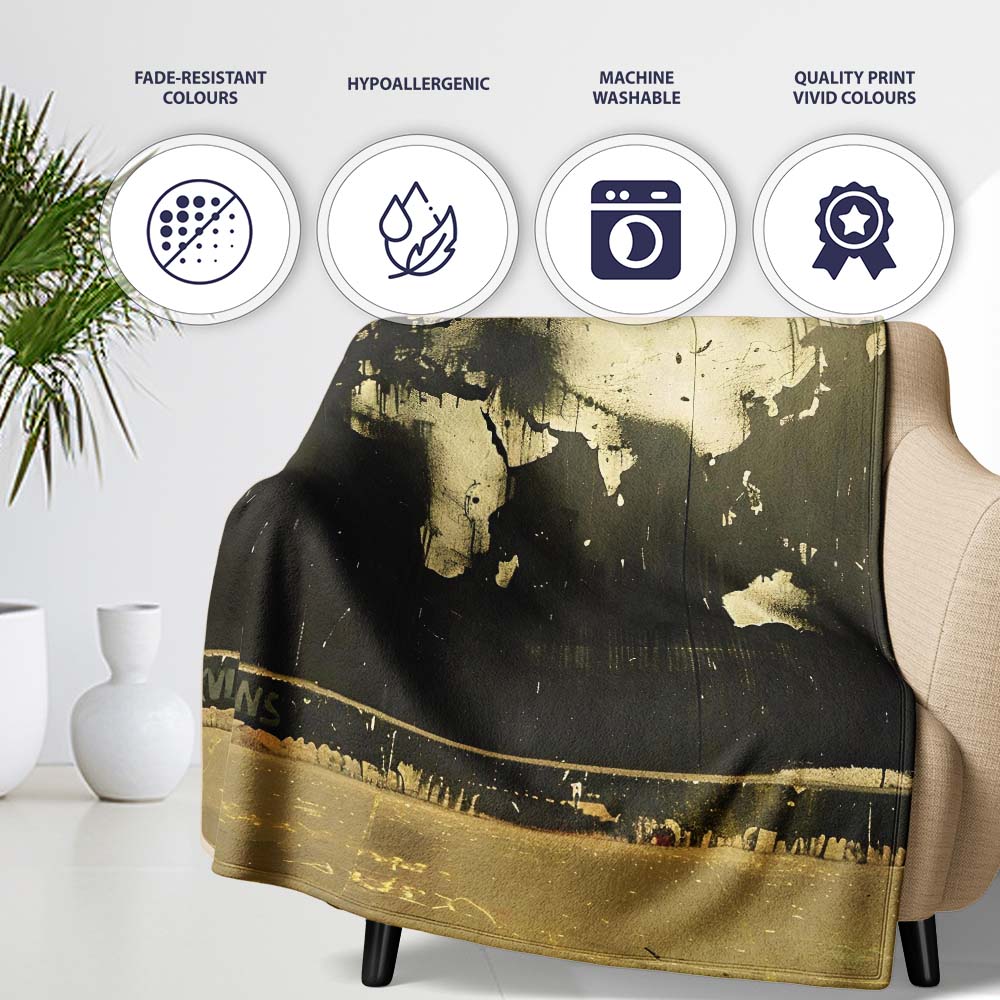 Black World Map on Dark Grunge Wall, Cozy Home Decor, Lightweight Warm Gift, All Season Comfort - Super Soft Fleece Blanket Bed Sofa Throw