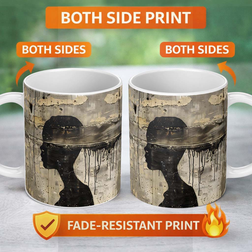 Female Profile Silhouette with Black Paint Drips 11oz Ceramic Coffee Tea Mug White Large Handle