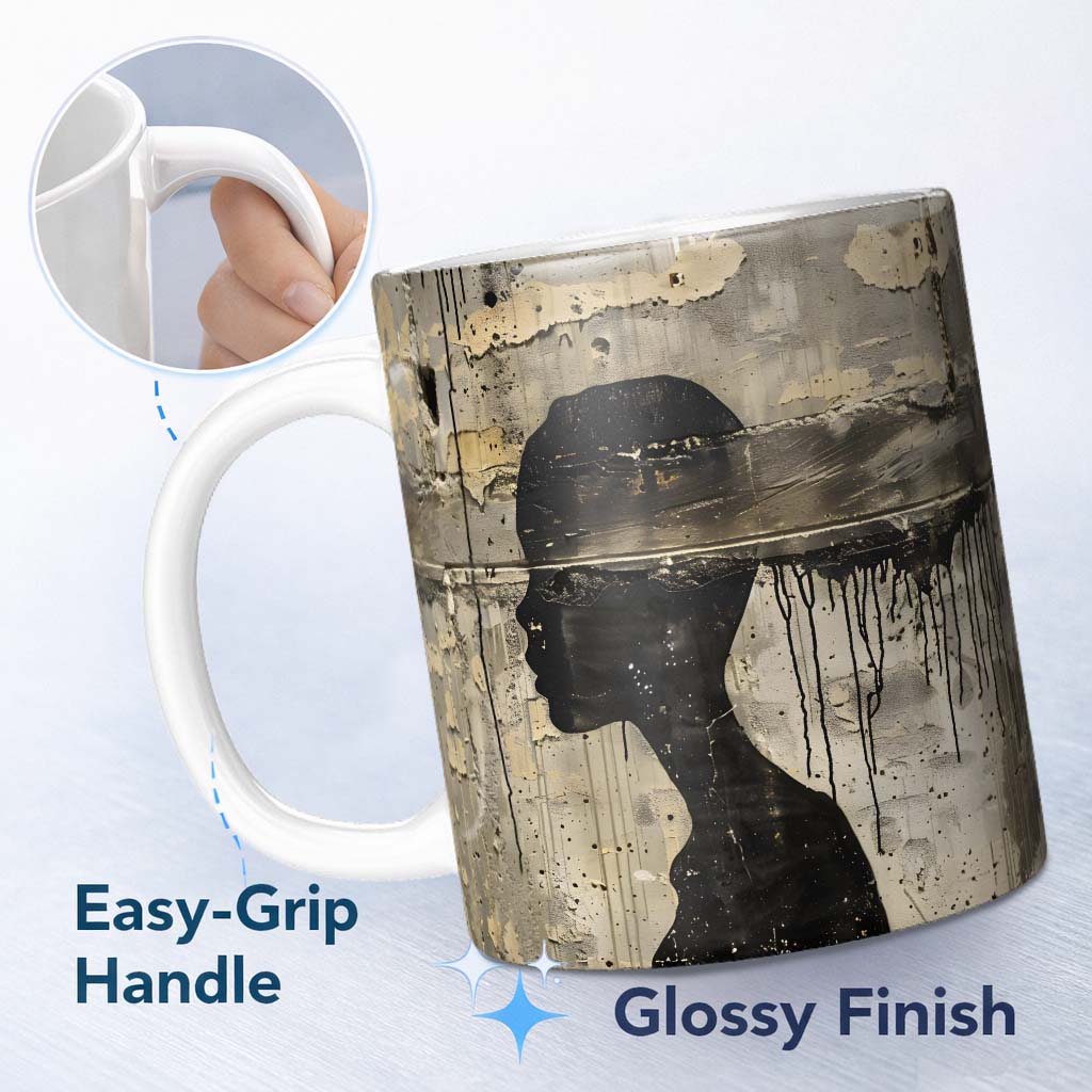 Female Profile Silhouette with Black Paint Drips 11oz Ceramic Coffee Tea Mug White Large Handle