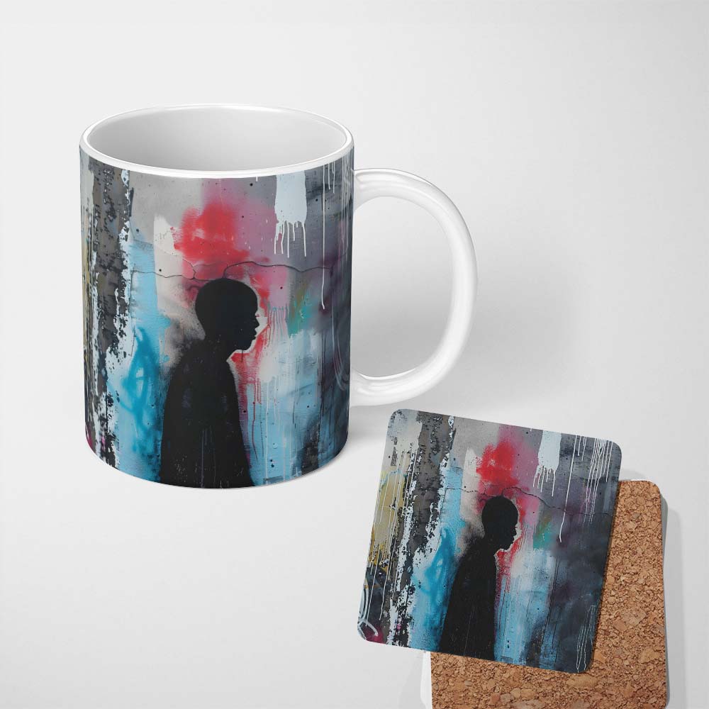 Child Silhouette with Pink Blue Abstract Graffiti 11oz Ceramic Coffee Tea Mug White Large Handle