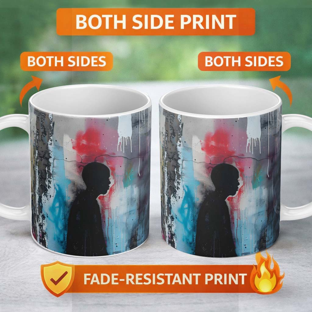 Child Silhouette with Pink Blue Abstract Graffiti 11oz Ceramic Coffee Tea Mug White Large Handle