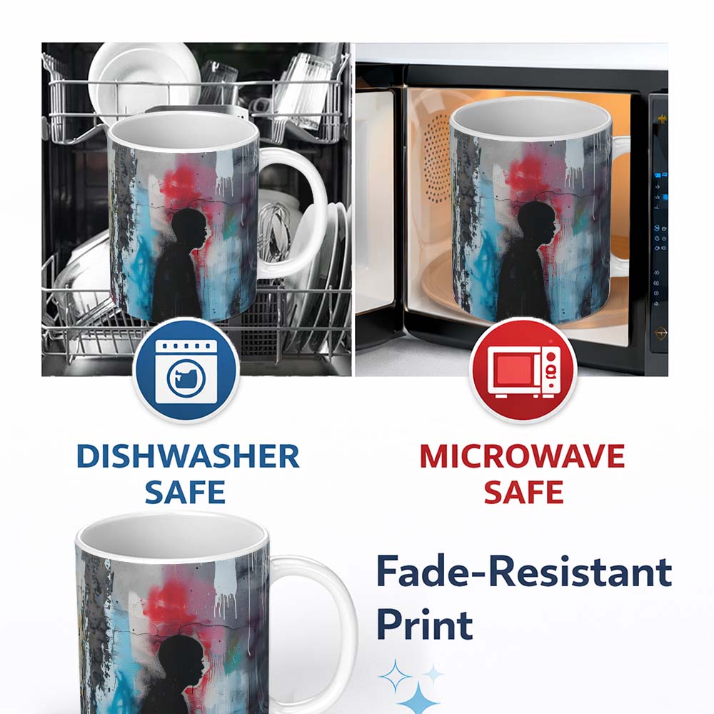 Child Silhouette with Pink Blue Abstract Graffiti 11oz Ceramic Coffee Tea Mug White Large Handle