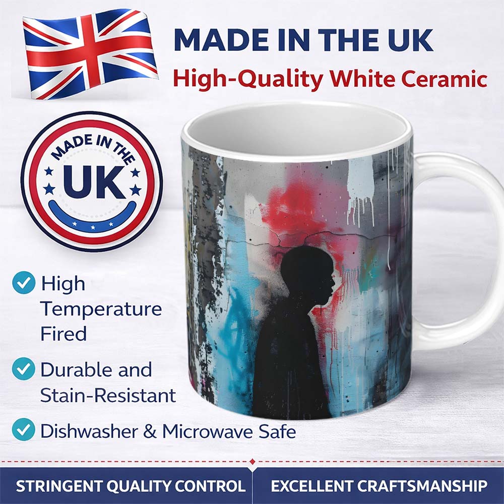Child Silhouette with Pink Blue Abstract Graffiti 11oz Ceramic Coffee Tea Mug White Large Handle