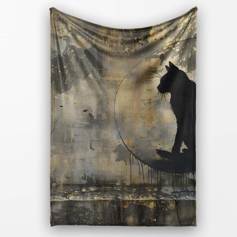 Black Cat Silhouette in Golden Grunge Circle, Comfortable Everyday Use, Stylish Room Decoration - Super Soft Fleece Blanket Bed Sofa Throw