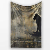 Black Cat Silhouette in Golden Grunge Circle, Comfortable Everyday Use, Stylish Room Decoration - Super Soft Fleece Blanket Bed Sofa Throw
