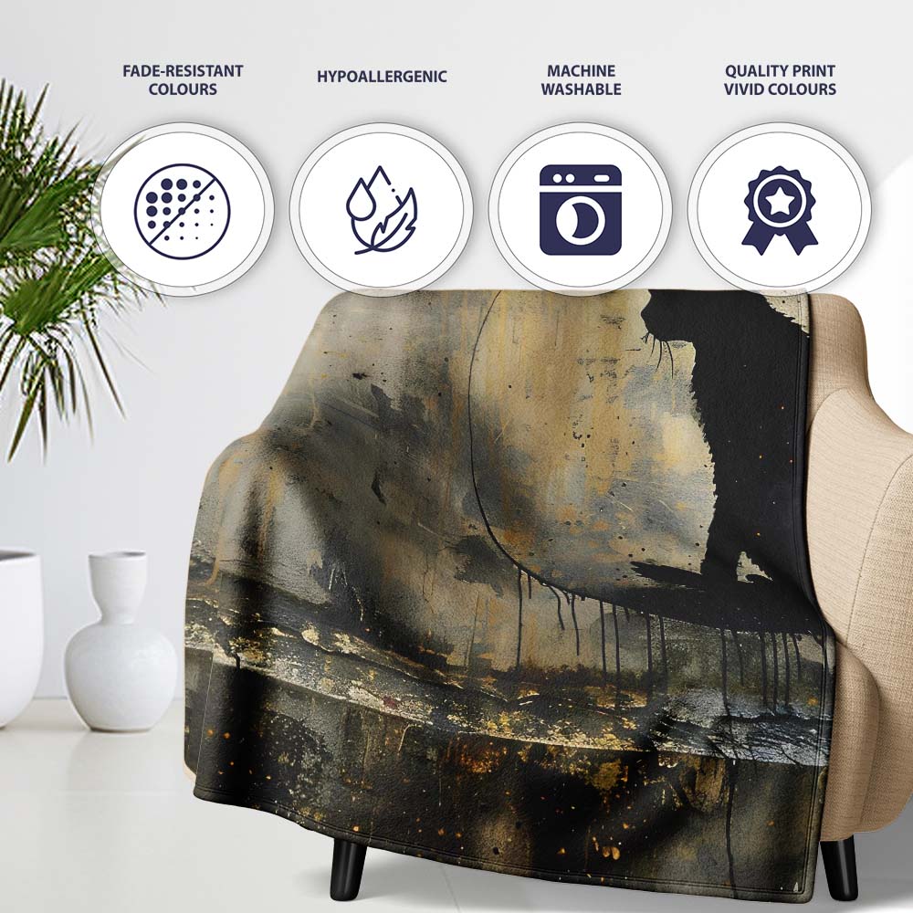 Black Cat Silhouette in Golden Grunge Circle, Comfortable Everyday Use, Stylish Room Decoration - Super Soft Fleece Blanket Bed Sofa Throw