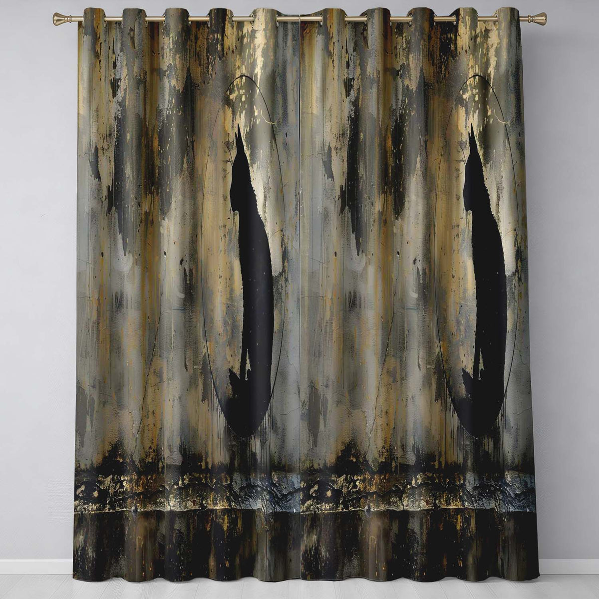 Black Cat Silhouette in Golden Grunge Circle Bold Timeless Artwork for Home Decor Readymade Eyelet Ring Top Thermal 100% Blackout Curtains