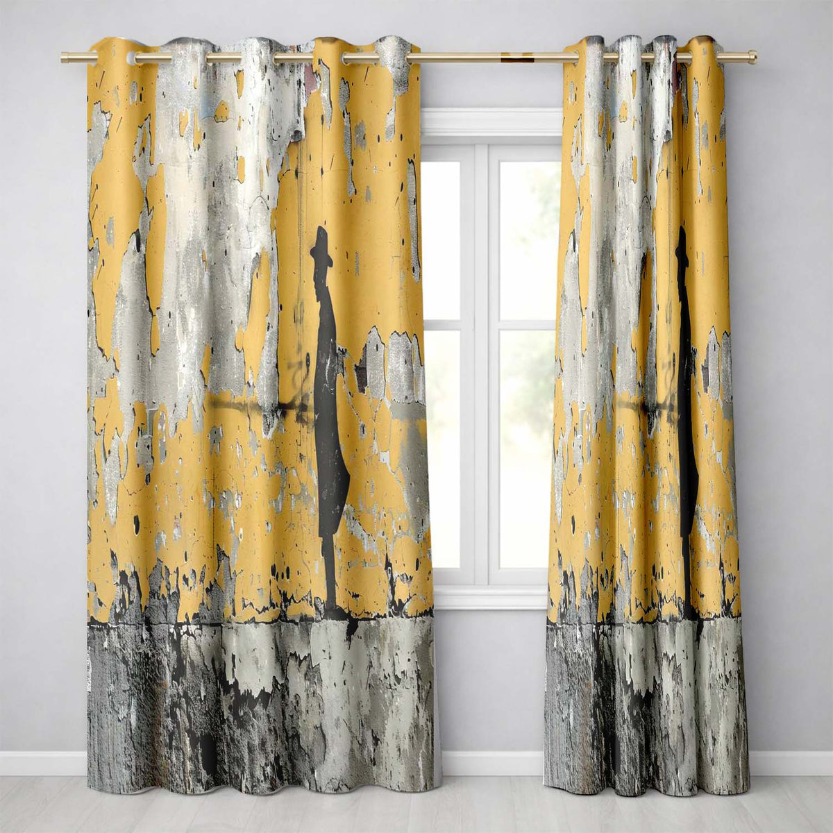 Lone Traveller Silhouette on Mustard Grunge Wall Contemporary Artistic Home Decor Readymade Eyelet Ring Top Thermal 100% Blackout Curtains