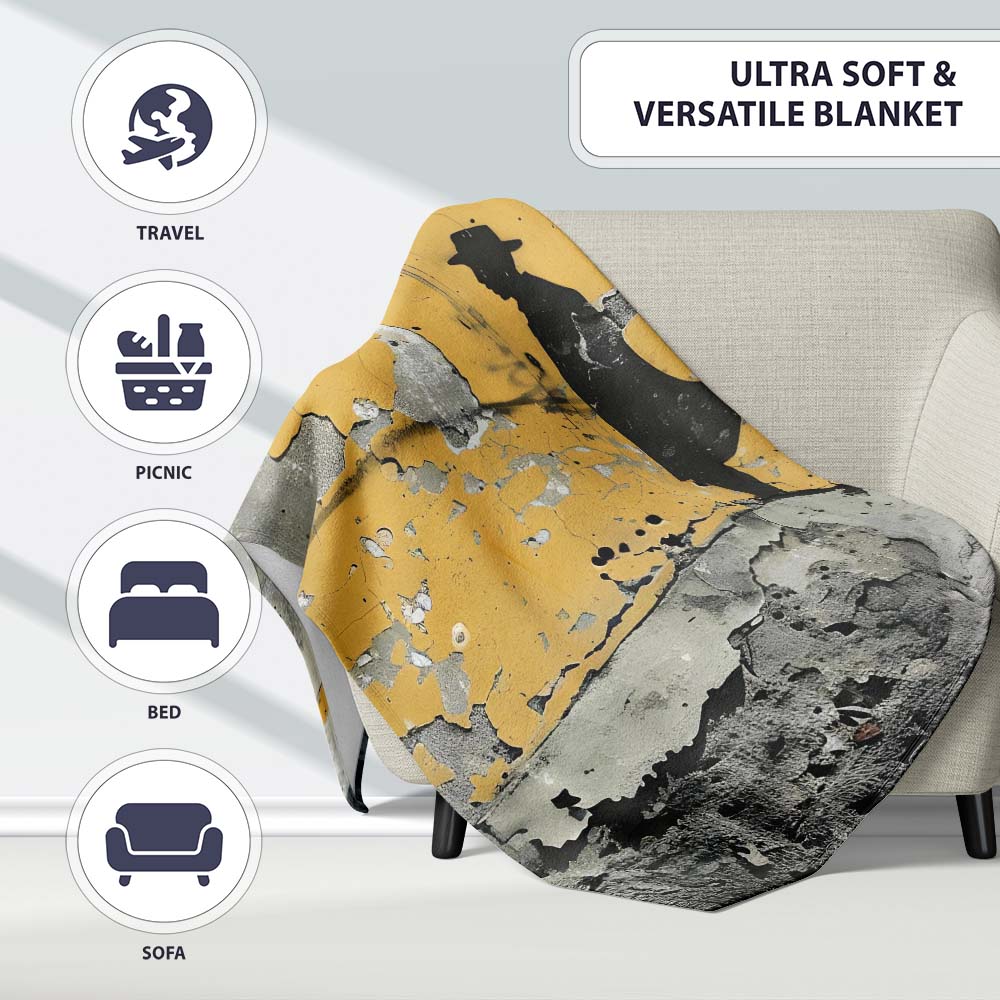 Lone Traveller Silhouette on Mustard Grunge Wall, All Season Comfort, Gift for Adults and Teens - Super Soft Fleece Blanket Bed Sofa Throw