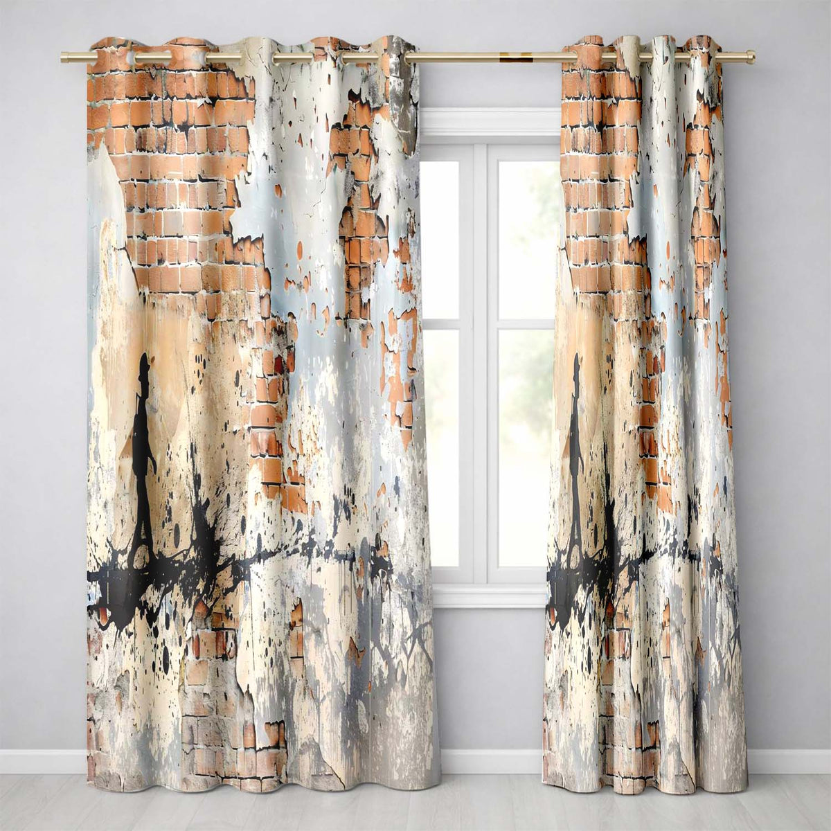 Child Walking Across Exposed Brick Graffiti Unique Stylish Artwork for Home Decor Readymade Eyelet Ring Top Thermal 100% Blackout Curtains