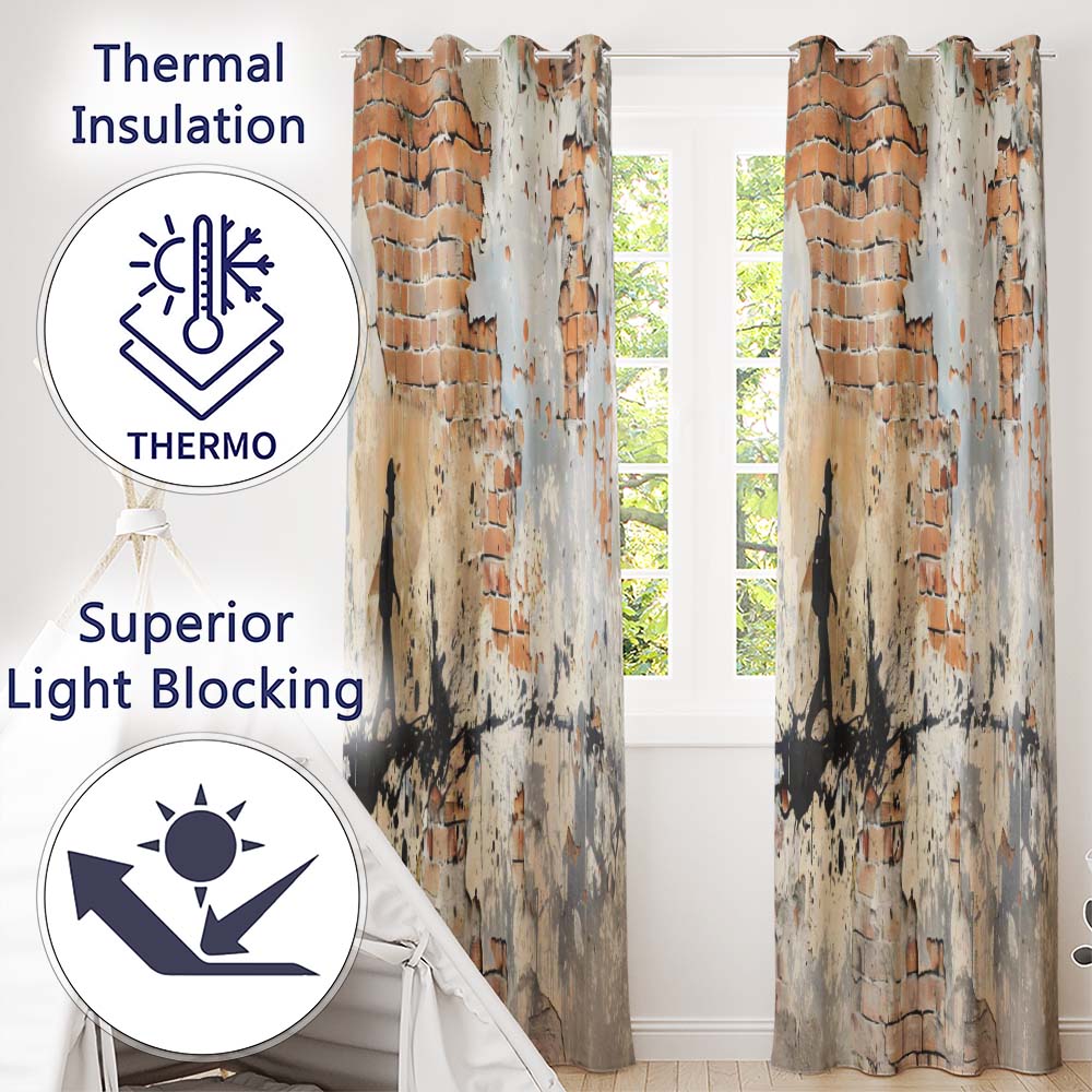 Child Walking Across Exposed Brick Graffiti Unique Stylish Artwork for Home Decor Readymade Eyelet Ring Top Thermal 100% Blackout Curtains