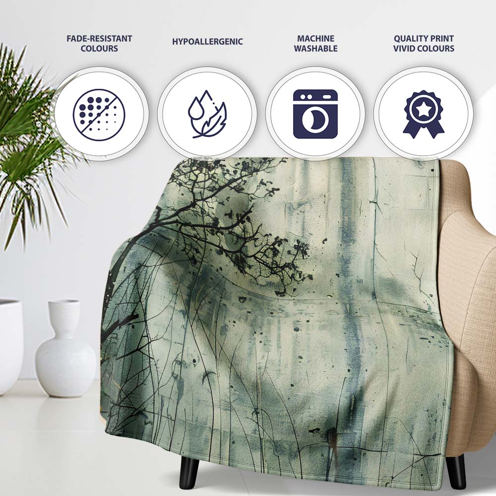 Bare Tree and Flying Bird Grey Grunge, Bedroom Living Room Accent, Thoughtful Housewarming Gift - Super Soft Fleece Blanket Bed Sofa Throw