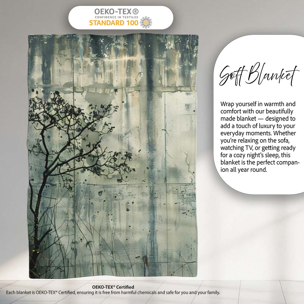 Bare Tree and Flying Bird Grey Grunge, Bedroom Living Room Accent, Thoughtful Housewarming Gift - Super Soft Fleece Blanket Bed Sofa Throw