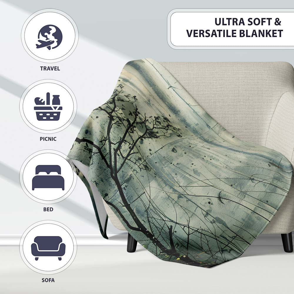 Bare Tree and Flying Bird Grey Grunge, Bedroom Living Room Accent, Thoughtful Housewarming Gift - Super Soft Fleece Blanket Bed Sofa Throw