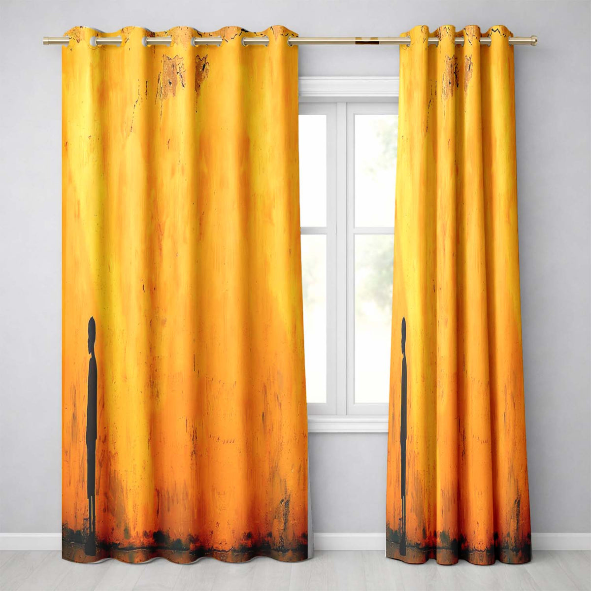 Lonely Boy Silhouette on Golden Grunge Wall Stylish Modern Artwork for Home Decor Readymade Eyelet Ring Top Thermal 100% Blackout Curtains