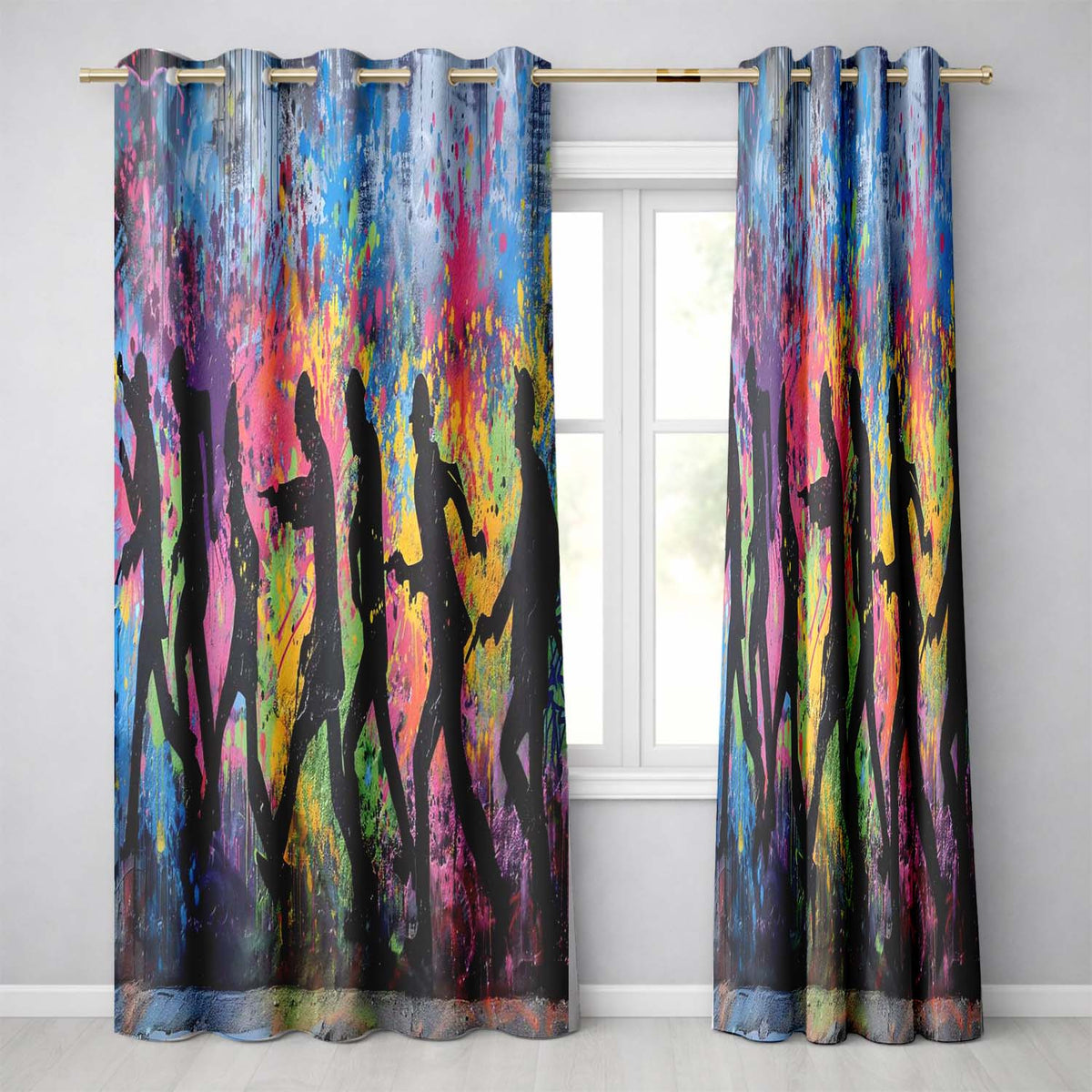 Running Crowd Silhouette Colour Splash Graffiti Elegant Artwork for Bedroom Decor Readymade Eyelet Ring Top Thermal 100% Blackout Curtains