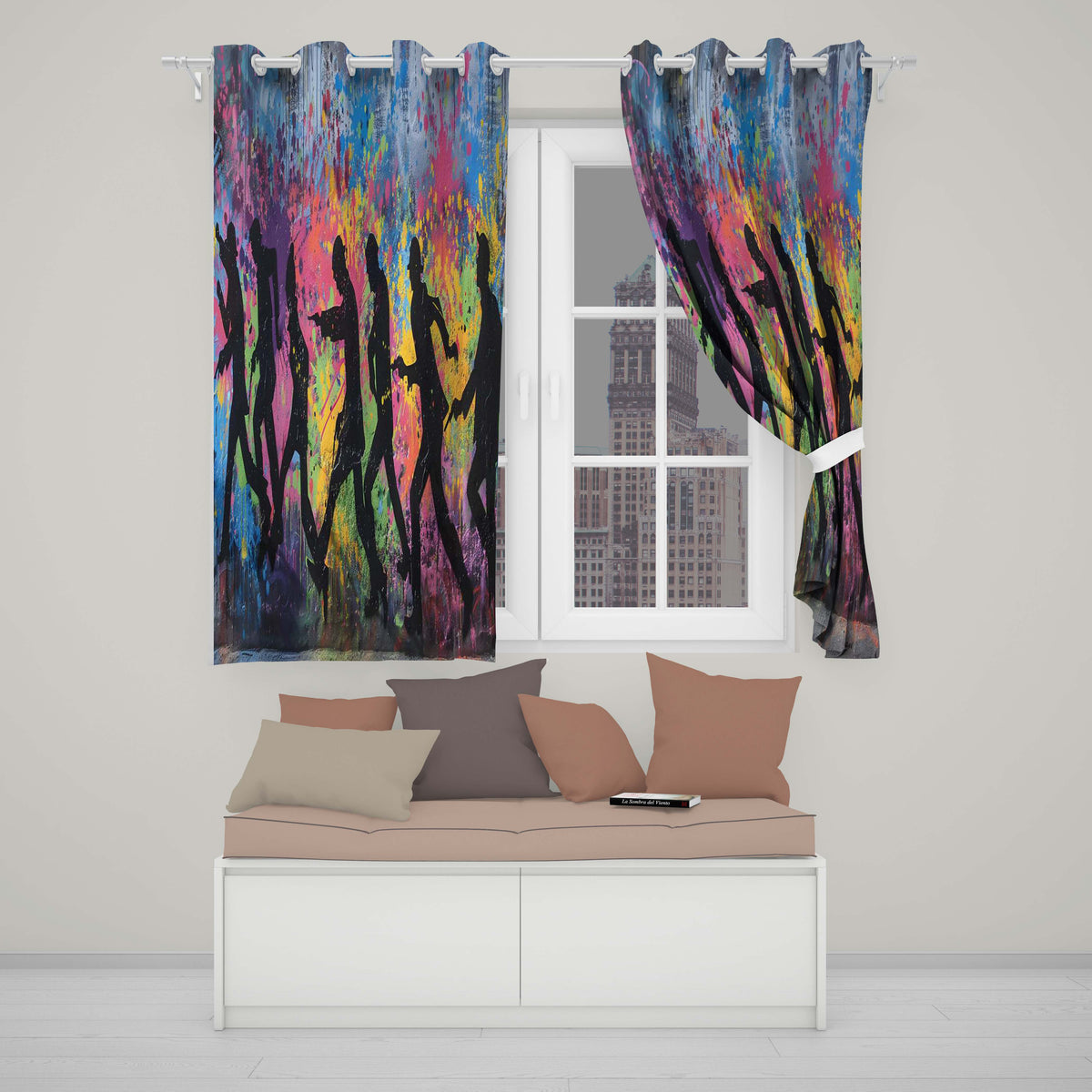 Running Crowd Silhouette Colour Splash Graffiti Elegant Artwork for Bedroom Decor Readymade Eyelet Ring Top Thermal 100% Blackout Curtains