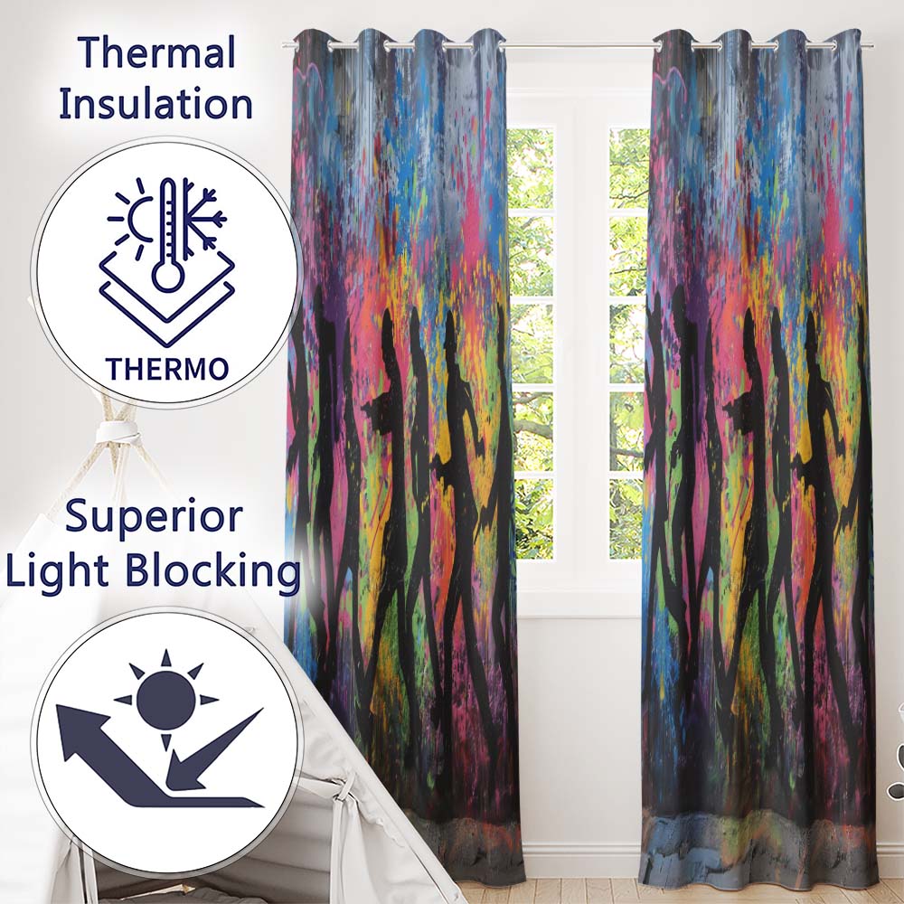Running Crowd Silhouette Colour Splash Graffiti Elegant Artwork for Bedroom Decor Readymade Eyelet Ring Top Thermal 100% Blackout Curtains