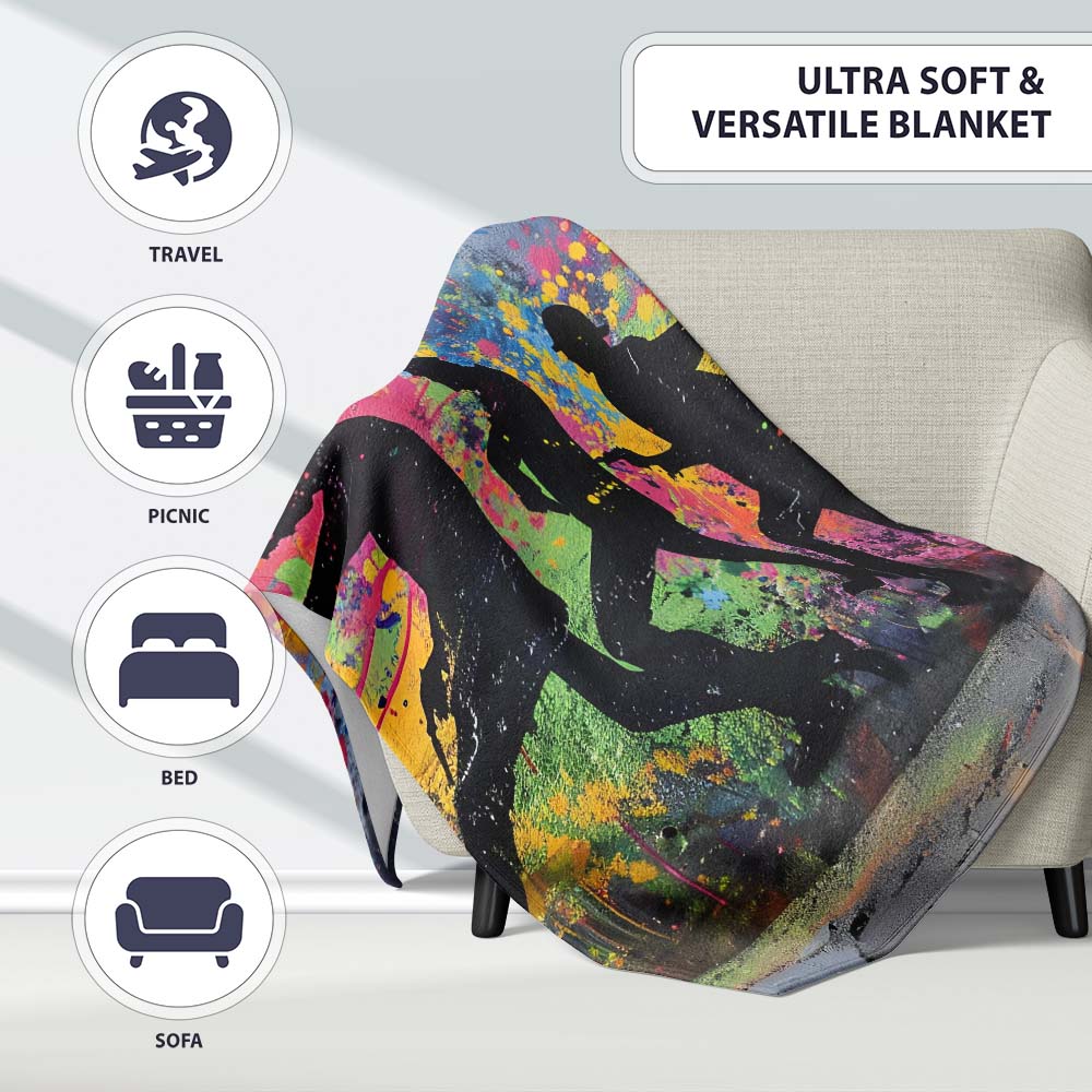 Running Crowd Silhouette Colour Splash Graffiti, Bedroom Living Room Accent, All Season Comfort - Super Soft Fleece Blanket Bed Sofa Throw