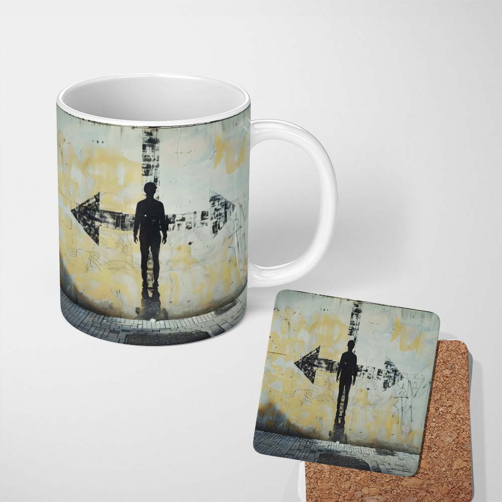 Lone Figure with Direction Arrow Street Art 11oz Ceramic Coffee Tea Mug White Large Handle