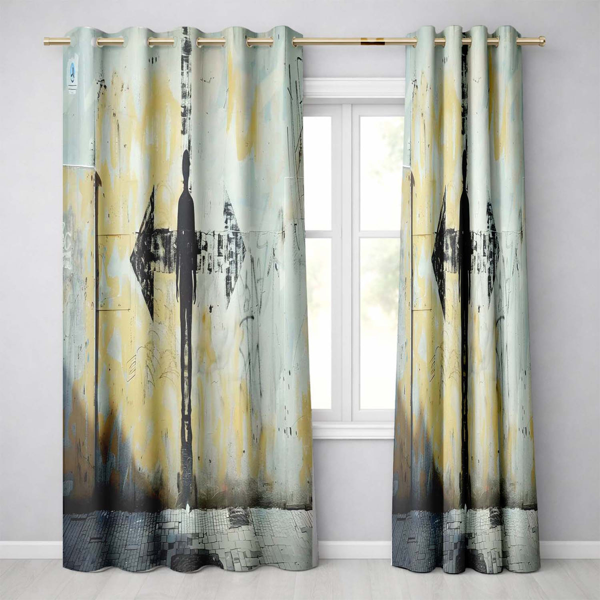 Lone Figure with Direction Arrow Street Art Modern Vibrant Artwork for Home Decor Readymade Eyelet Ring Top Thermal 100% Blackout Curtains
