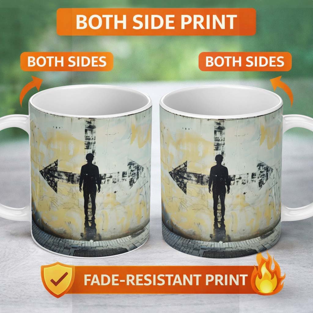 Lone Figure with Direction Arrow Street Art 11oz Ceramic Coffee Tea Mug White Large Handle