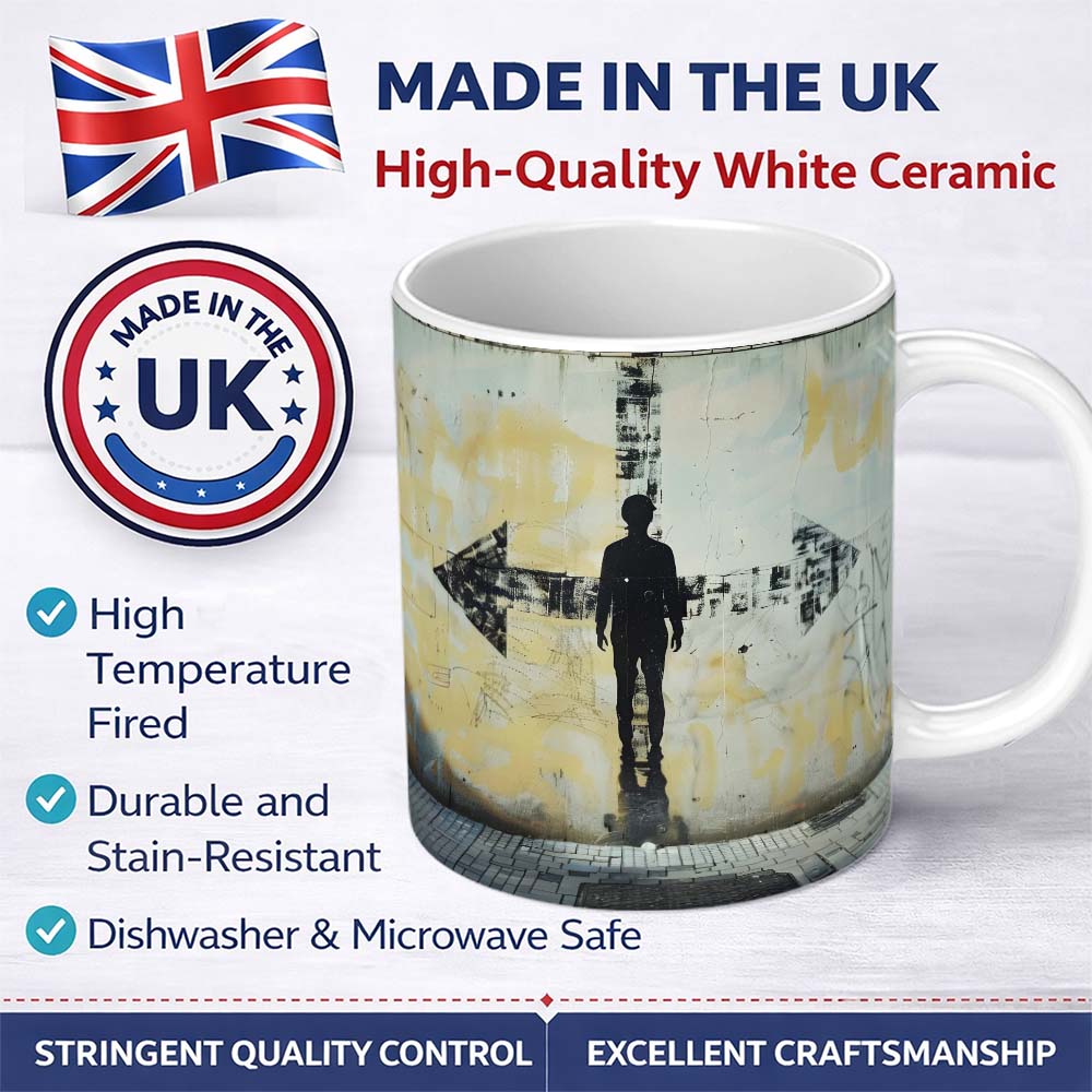 Lone Figure with Direction Arrow Street Art 11oz Ceramic Coffee Tea Mug White Large Handle