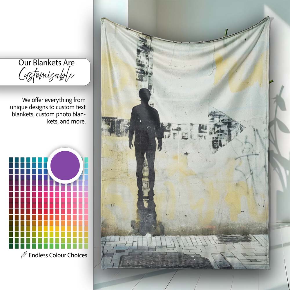 Lone Figure with Direction Arrow Street Art, Bedroom Living Room Accent, Unique Artistic Design - Super Soft Fleece Blanket Bed Sofa Throw