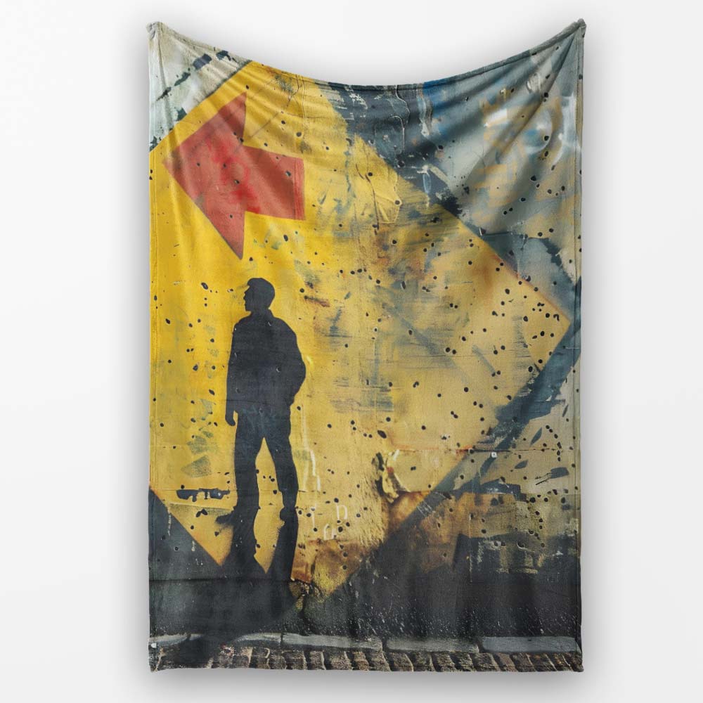 Silhouette Figure Before Geometric Yellow Arrow, Bedroom Living Room Accent, All Season Comfort - Super Soft Fleece Blanket Bed Sofa Throw