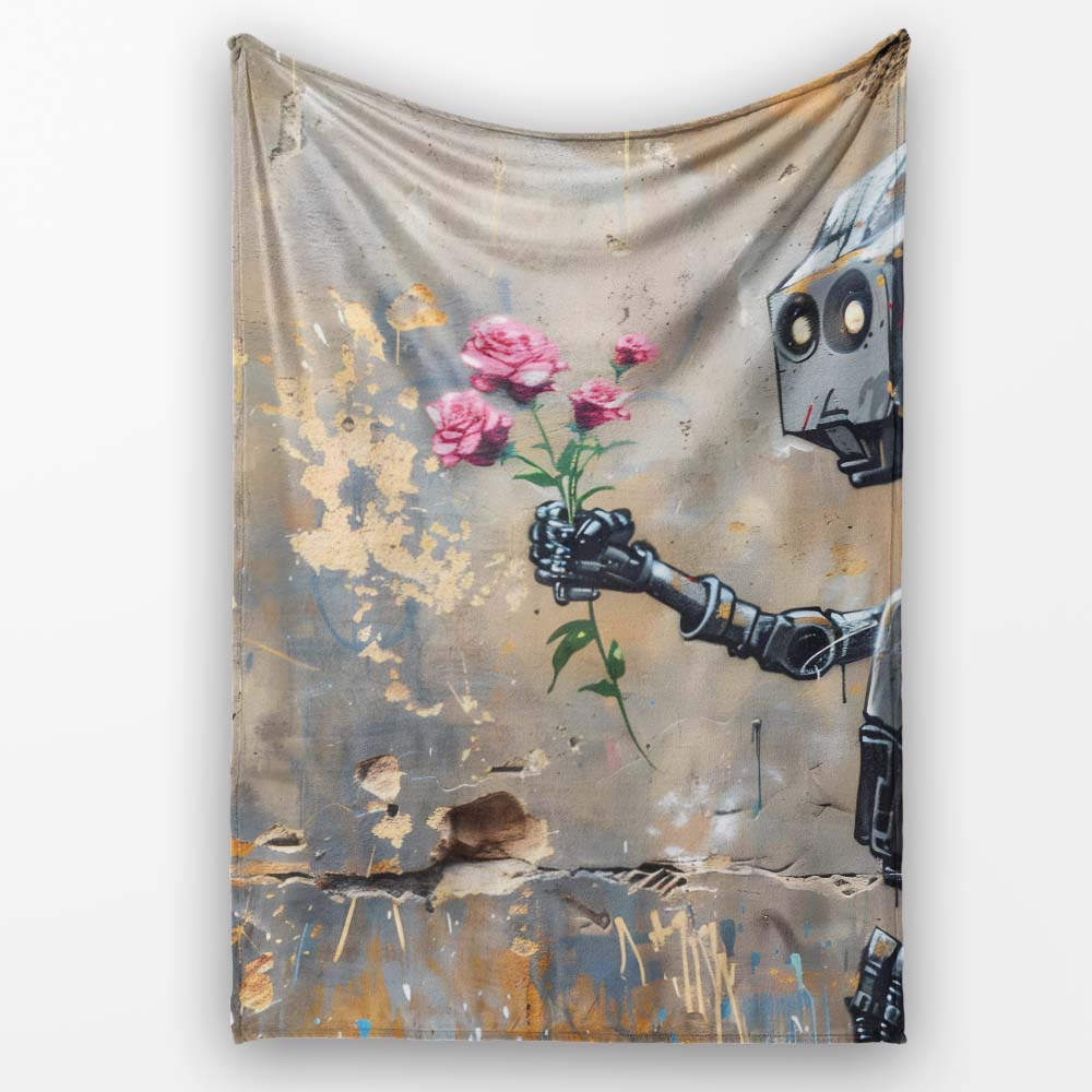 Robot Holding Pink Flowers Urban Graffiti, Bedroom Living Room Accent, Comfortable Everyday Use - Super Soft Fleece Blanket Bed Sofa Throw