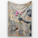 Robot Holding Pink Flowers Urban Graffiti, Bedroom Living Room Accent, Comfortable Everyday Use - Super Soft Fleece Blanket Bed Sofa Throw