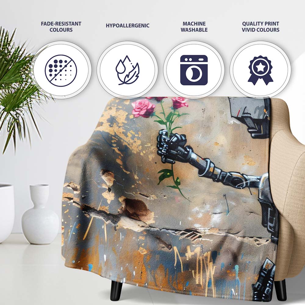 Robot Holding Pink Flowers Urban Graffiti, Bedroom Living Room Accent, Comfortable Everyday Use - Super Soft Fleece Blanket Bed Sofa Throw