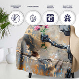 Robot Holding Pink Flowers Urban Graffiti, Bedroom Living Room Accent, Comfortable Everyday Use - Super Soft Fleece Blanket Bed Sofa Throw