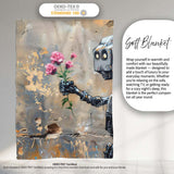 Robot Holding Pink Flowers Urban Graffiti, Bedroom Living Room Accent, Comfortable Everyday Use - Super Soft Fleece Blanket Bed Sofa Throw