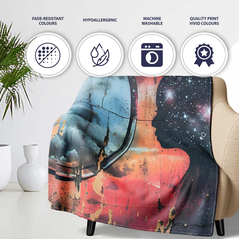 Cosmic Mind Female Silhouette Mirror Reflection, Bedroom Living Room Accent, All Season Comfort - Super Soft Fleece Blanket Bed Sofa Throw