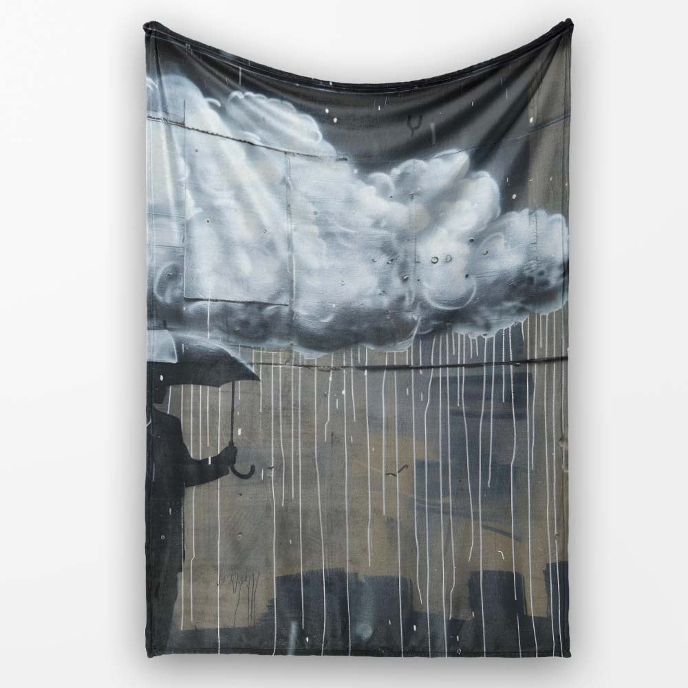 Cloud Over Umbrella Street Art, Cozy Home Decor, Bedroom Living Room Accent, All Season Comfort - Super Soft Fleece Blanket Bed Sofa Throw