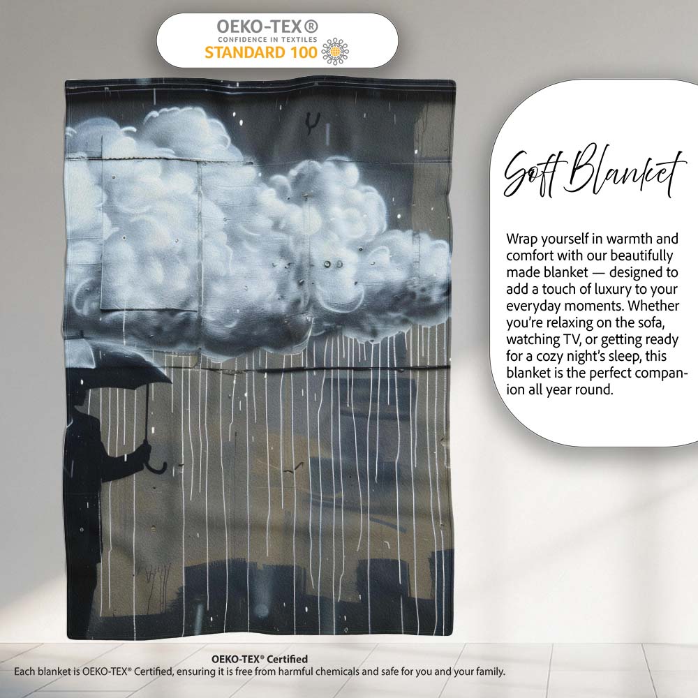 Cloud Over Umbrella Street Art, Cozy Home Decor, Bedroom Living Room Accent, All Season Comfort - Super Soft Fleece Blanket Bed Sofa Throw