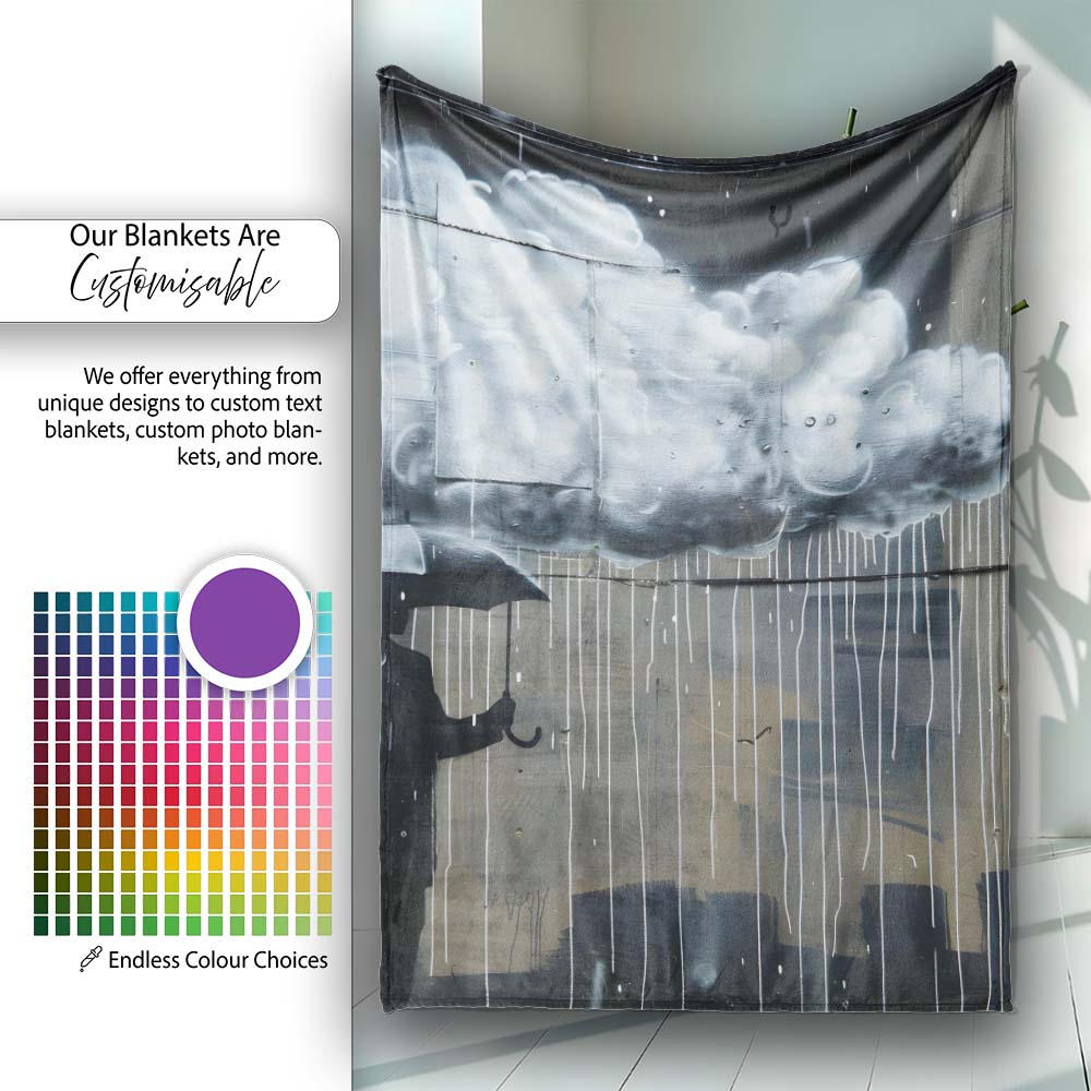 Cloud Over Umbrella Street Art, Cozy Home Decor, Bedroom Living Room Accent, All Season Comfort - Super Soft Fleece Blanket Bed Sofa Throw