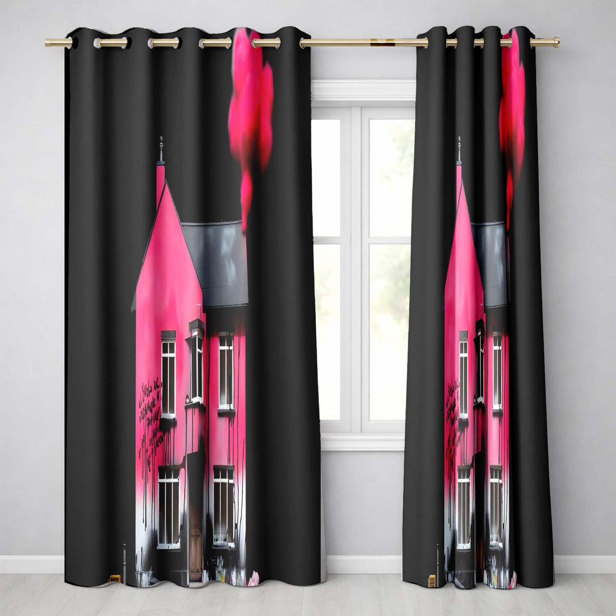 Pink Smoke House Contemporary Street Art Decorative Artwork for Living Room Decor Readymade Eyelet Ring Top Thermal 100% Blackout Curtains