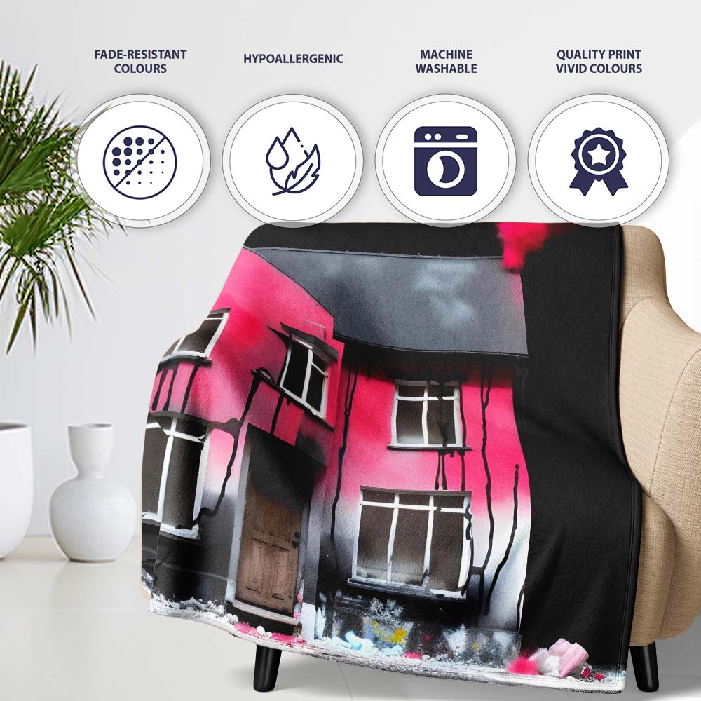 Pink Smoke House Contemporary Street Art, Bedroom Living Room Accent, Gift for Adults and Teens - Super Soft Fleece Blanket Bed Sofa Throw