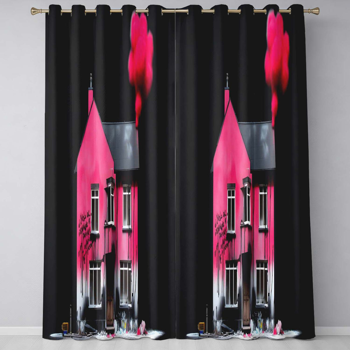 Pink Smoke House Contemporary Street Art Decorative Artwork for Living Room Decor Readymade Eyelet Ring Top Thermal 100% Blackout Curtains