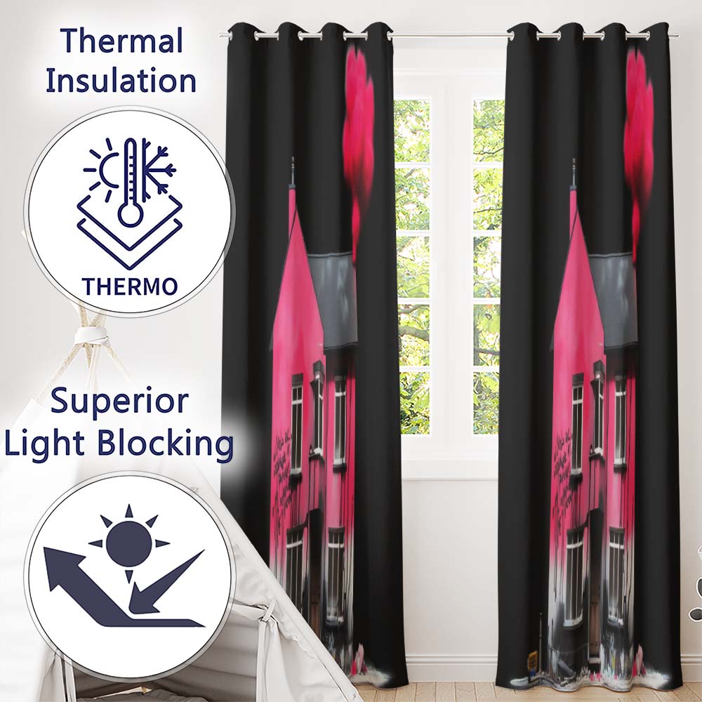 Pink Smoke House Contemporary Street Art Decorative Artwork for Living Room Decor Readymade Eyelet Ring Top Thermal 100% Blackout Curtains