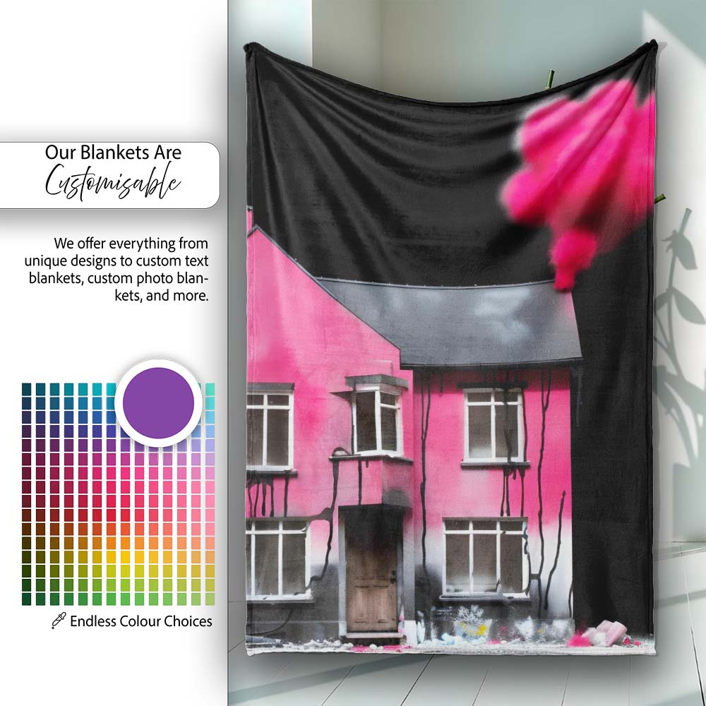 Pink Smoke House Contemporary Street Art, Bedroom Living Room Accent, Gift for Adults and Teens - Super Soft Fleece Blanket Bed Sofa Throw