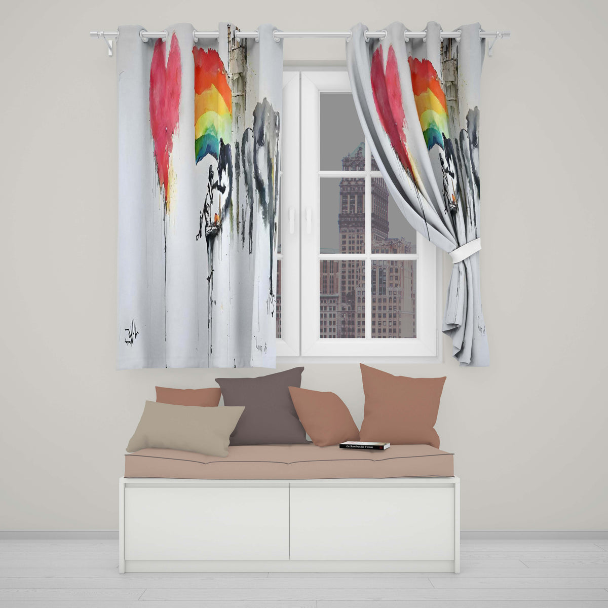 Watercolour Heart Rainbow Protest Street Art Expressive Artwork for Bedroom Decor Readymade Eyelet Ring Top Thermal 100% Blackout Curtains