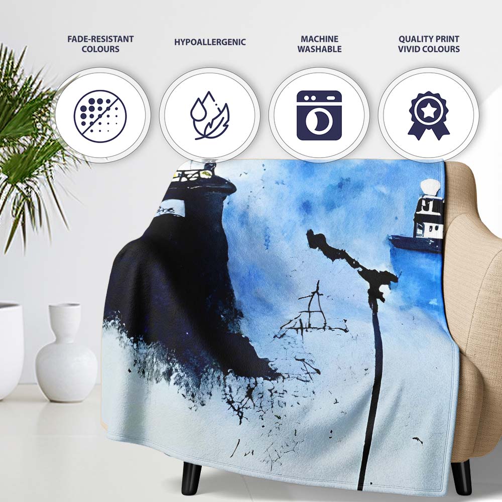 Watercolour Lighthouse Coastal Street Art, Bedroom Living Room Accent, Comfortable Everyday Use - Super Soft Fleece Blanket Bed Sofa Throw