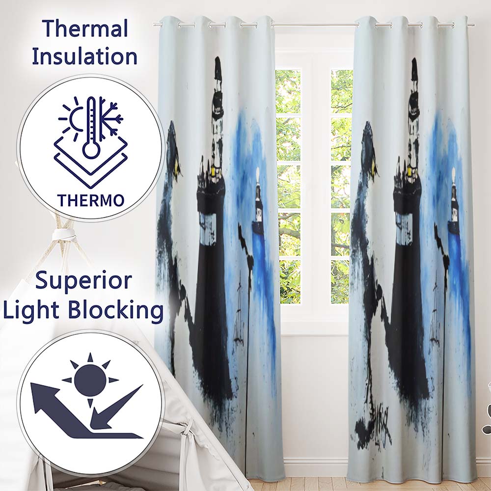 Watercolour Lighthouse Coastal Street Art Artistic Stylish Artwork for Home Decor Readymade Eyelet Ring Top Thermal 100% Blackout Curtains