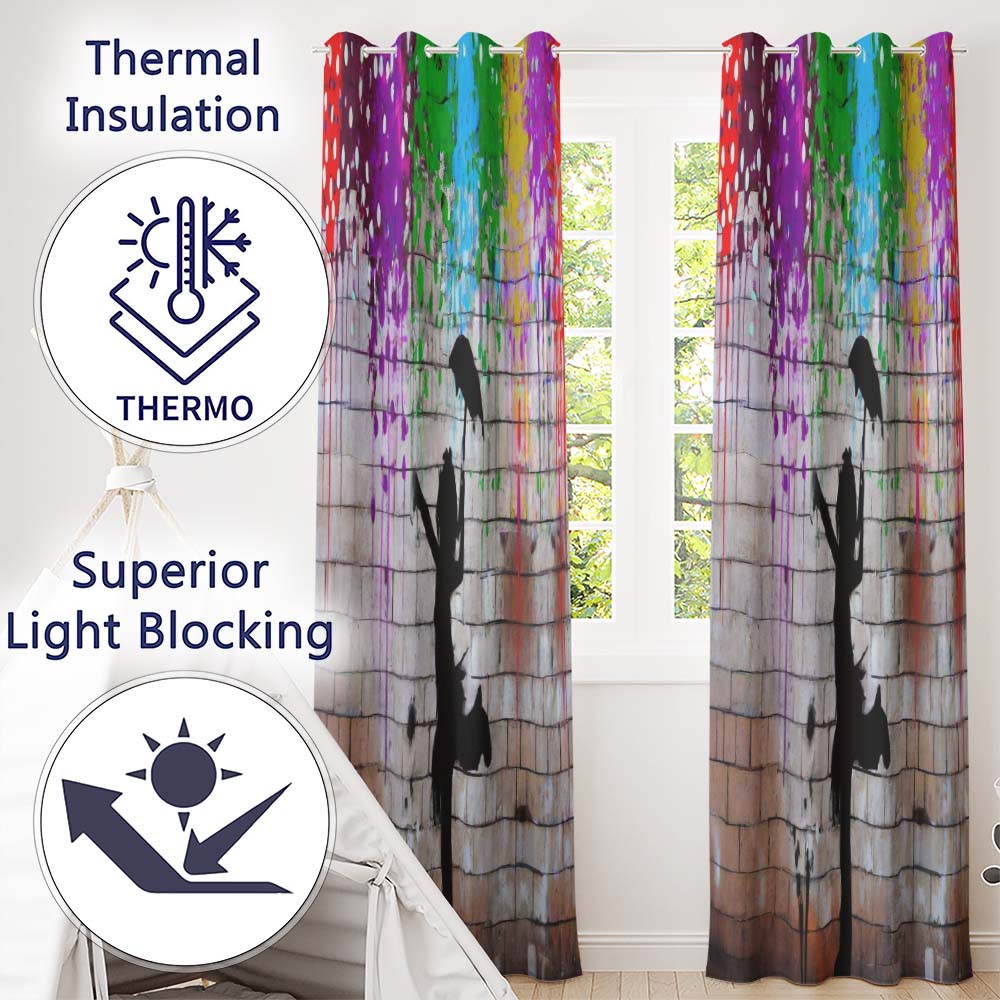 Dancing Girl with Umbrella Colour Splash Modern Expressive Artwork for Home Decor Readymade Eyelet Ring Top Thermal 100% Blackout Curtains