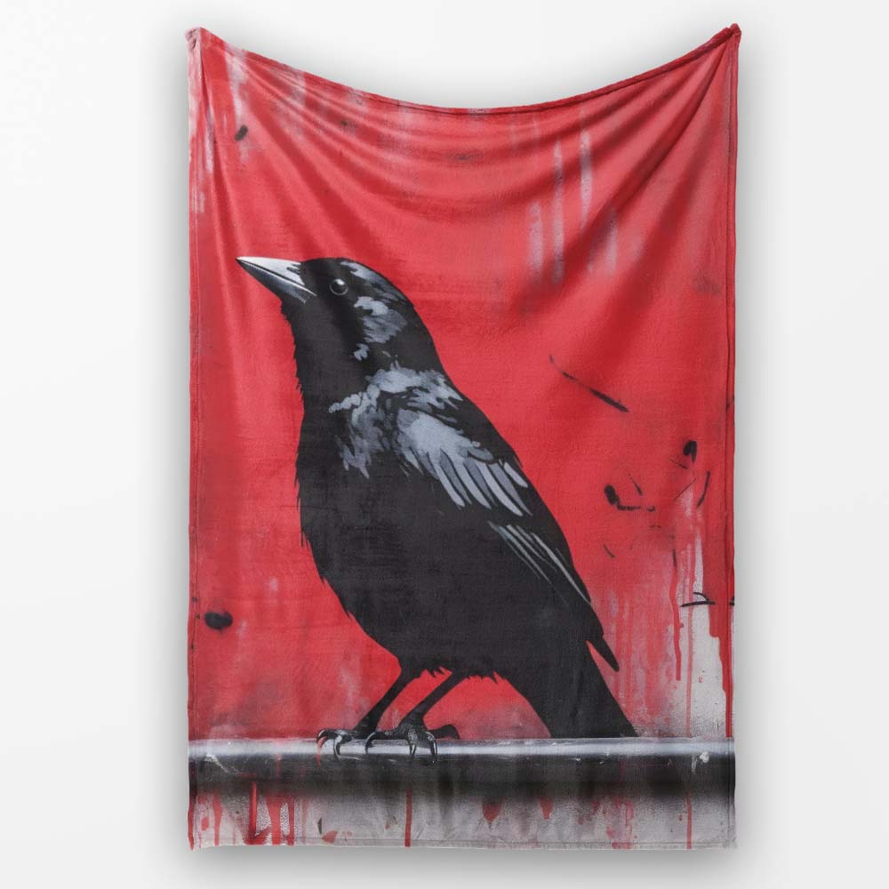 Black Crow on Red Graffiti Wall, Cozy Home Decor, All Season Comfort, Gift for Adults and Teens - Super Soft Fleece Blanket Bed Sofa Throw